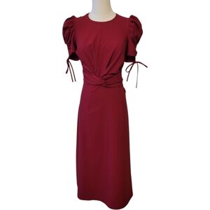 NDK Deep Red Puff Sleeve Midi Length Dress Size Small